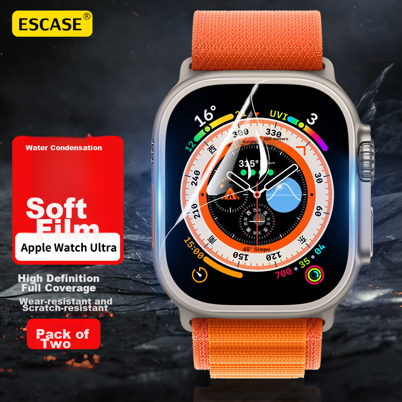 ESCASE Apple Watch Ultra Protective Film, Hydrogel Coating, Full Screen Protection, Anti-Scratch, Anti-Fingerprint, Shockproof, for Apple Watch Ultra 3/2/1, 49mm, 2-Pack