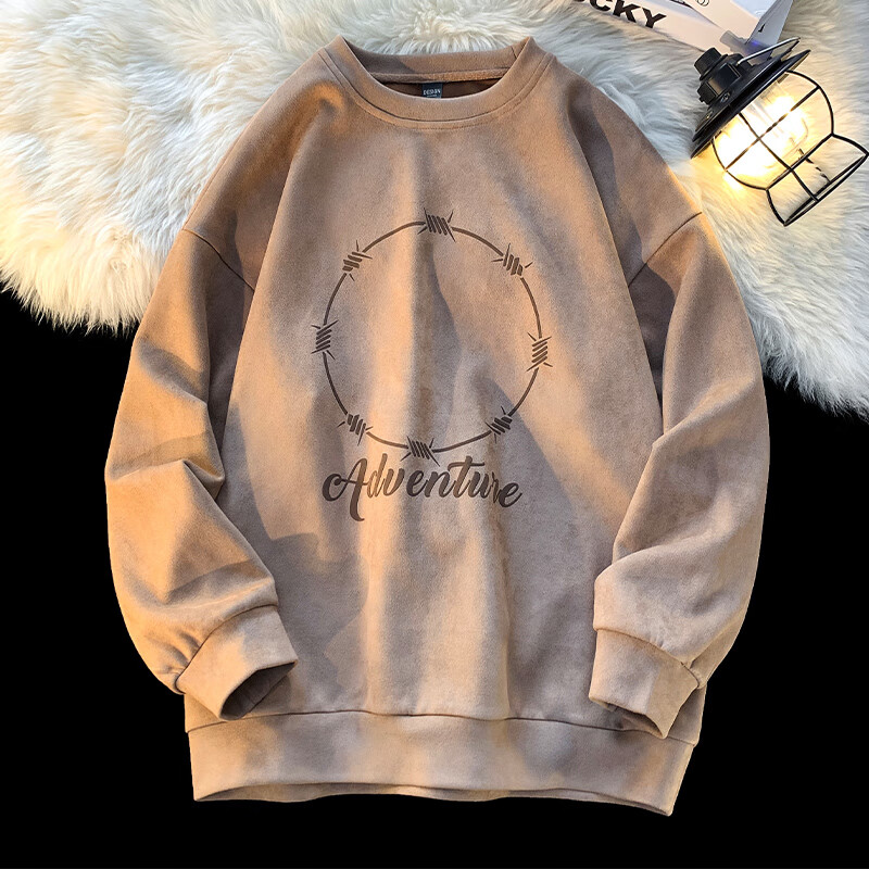 Dingfengbaoluo Suede Sweatshirt, Long Sleeve Men's American Vibe Style, Spring Trendy Printed Base Layer, Loose Fit DFL01, Coffee Color, Size L