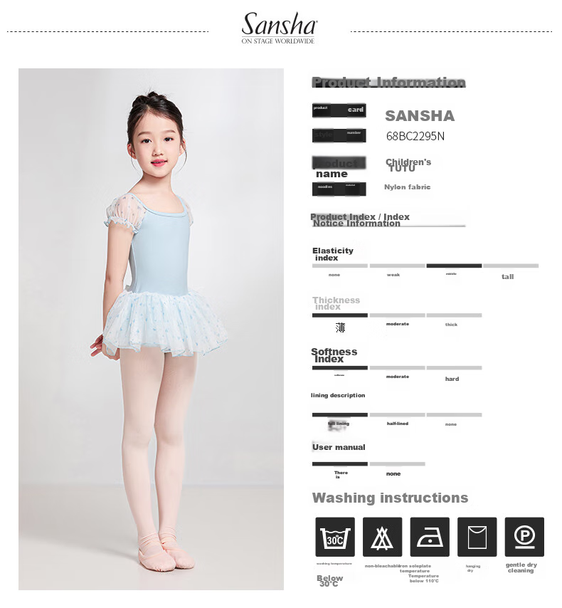 Sansha Children's Dance Tutu, Ballet Leotard for Girls with Heart-Shaped Puff Sleeves, Performance Dress with Open Crotch, Light Blue, Size S 2