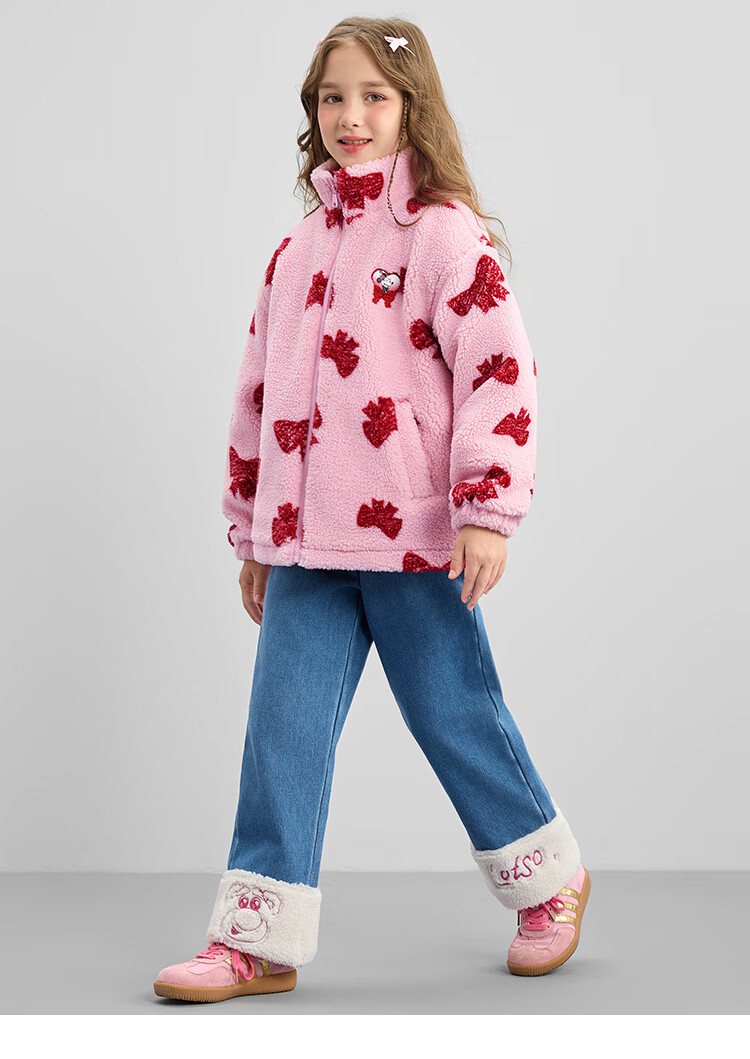 DISNEY Girls' Red Fleece-Lined Cotton Jacket, Faux Sherpa Fleece Top, for Older Children's New Year Outfit, Winter 2024, DB441JE08, Pink, Size 100 15
