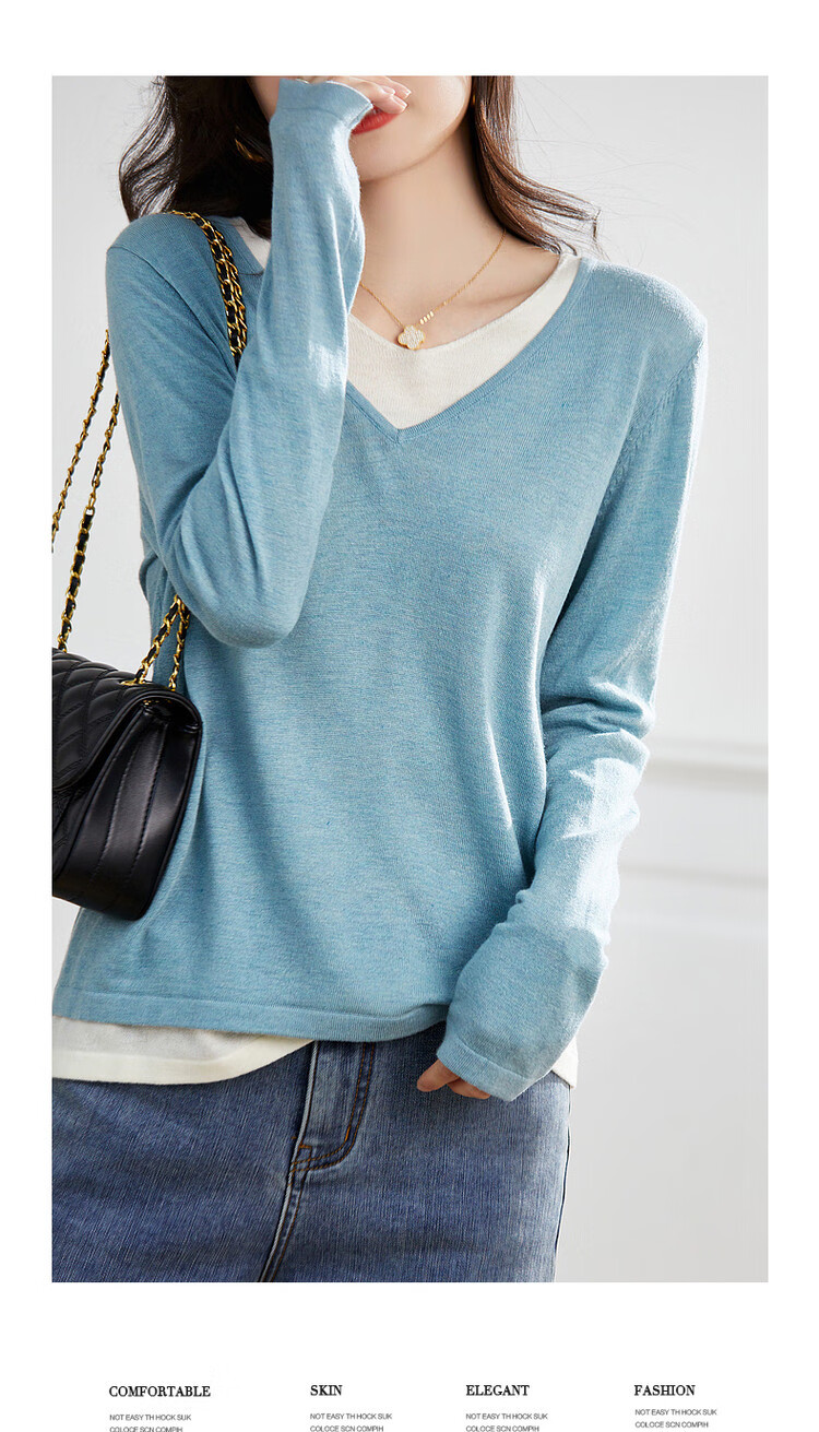 Dme [Color-Block Casual Knit Sweater] Spring And Autumn Commuter V-Neck Loose Long-Sleeve Sweater for Wome 6