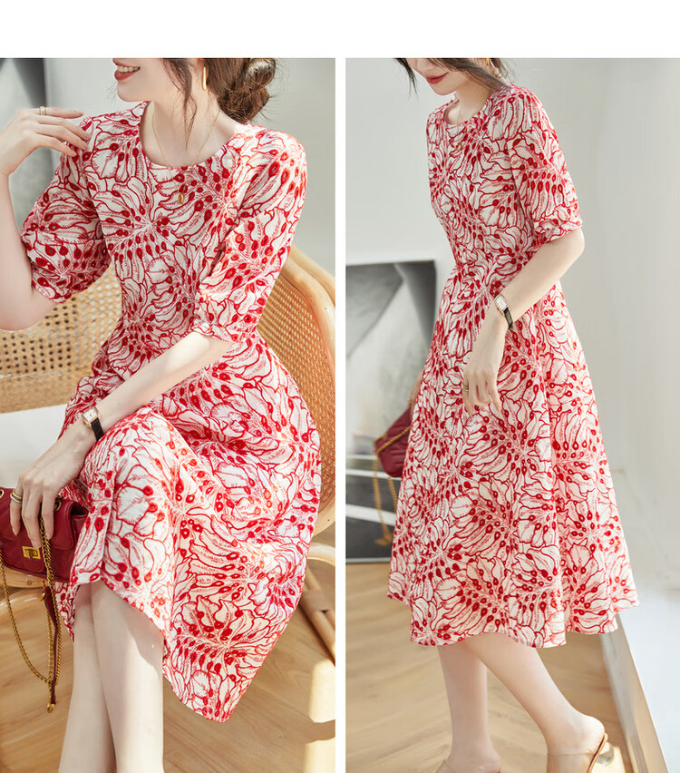 Dme [Monet Garden] Summer Elegant Breathable Pure Cotton Embroidered Waist-Cinching A-Line Flared Dress for Women, Mid-Length 13