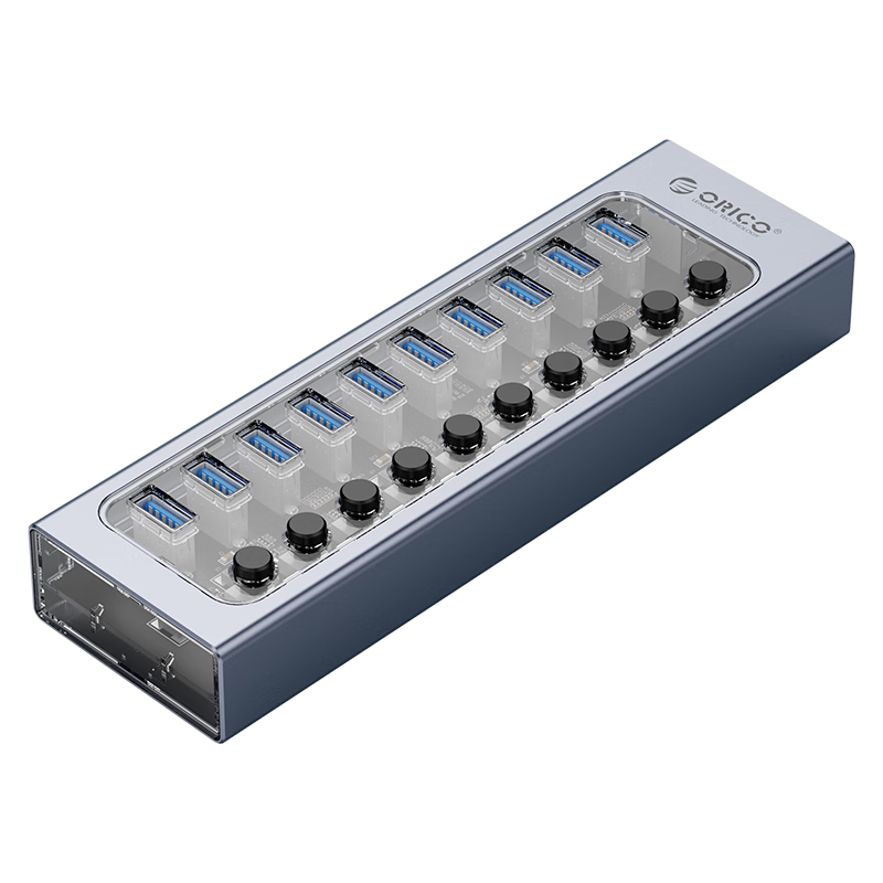 ORICO USB 3.0 Hub, 10-Port Expansion Hub, High-Speed Extension Cable with Switches, 12V 4A Power Adapter, AT2U3-10