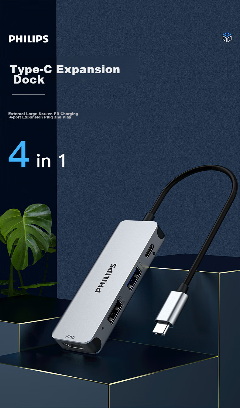 PHILIPS Type-C Expansion Dock, USB-C to HDMI Card Reader, Thunderbolt 4 Hub Splitter, Compatible with Phones And Computers, SD/TF Multi-In for IPad 1