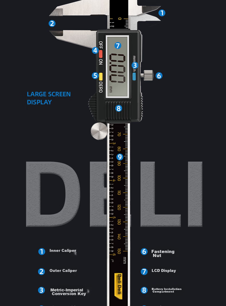 Deli High-Precision Vernier Caliper, Large HD Digital Display, Stainless Steel Precision Ruler, Complies with National Standards, 150mm 14