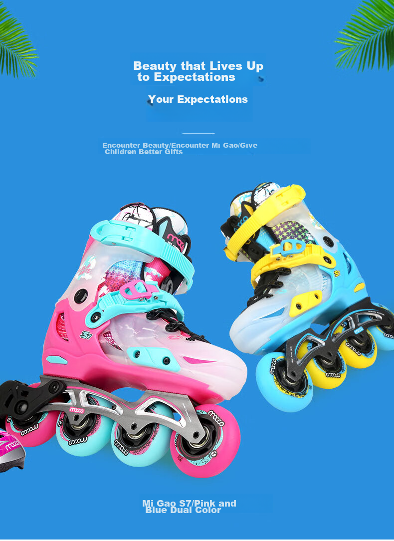 Migao Roller Skates for Children, Inline Skates for Boys And Girls, Flat Skate Shoes, Complete Set with Adjustable Straight Wheels S7 Pink Set Size M 16
