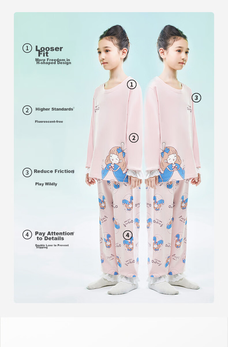 MiiOW Children's Pajamas, Girls' Spring And Autumn Style, Pure Cotton, Kids Long-Sleeve, for Older Children, Home Wear Set, Sweet Girl Design, Size 120 5