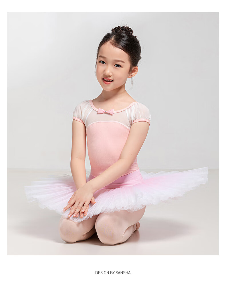 Sansha Dance Leotard for Girls, Short-Sleeve Ballet Practice Dress, Round Neck, Open Crotch, One-Piece Cotton Performance Costume, Light Purple, M 10