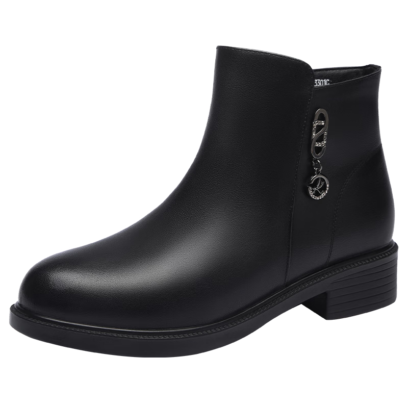 Red Dragonfly Women's Short Boots Fleece Lined Warm Fashion Boots Women's Chunky Heel Leather Cotton Boots WTC443301C Black Size 36