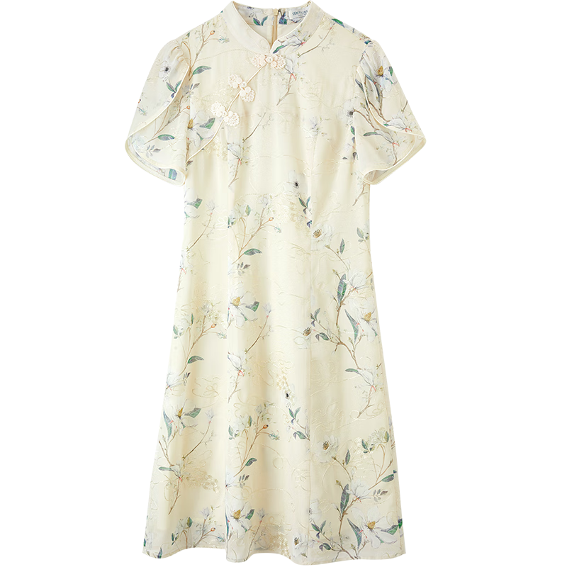 Sentubila New Chinese-Style Mandarin Collar Button-Up Qipao Improved Version, Petal Sleeve Chiffon Floral Print Dress for Summer, Apricot Base Floral Pattern, XL