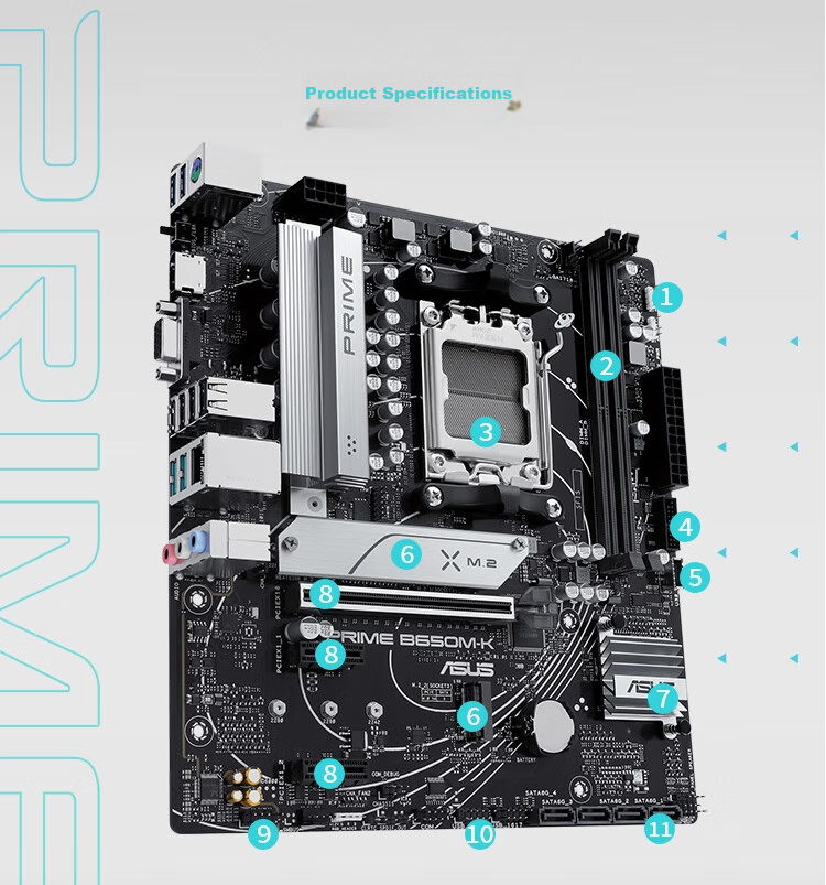 ASUS PRIME B650M-K Motherboard, Supports DDR5 CPU 9600X/7600X/9500F (AMD B650/socket AM5) 3