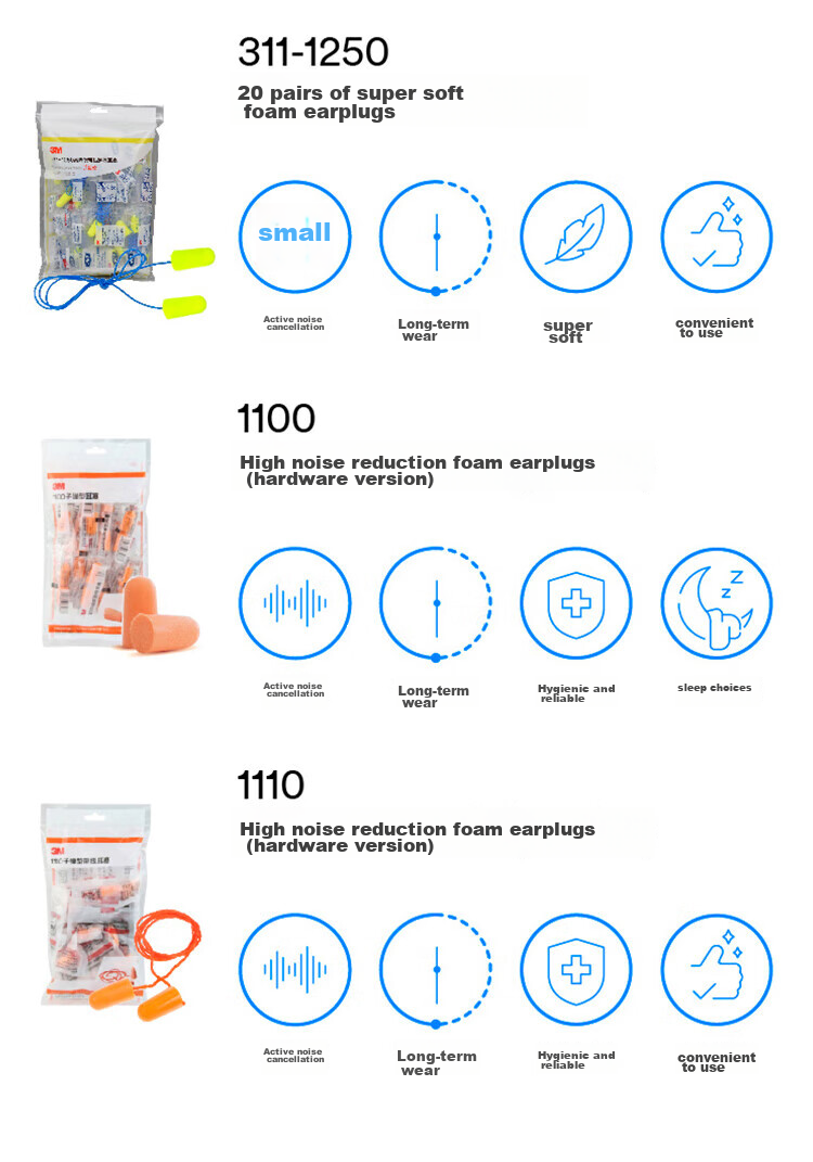 3M Earplugs for Sleeping, Soundproofing, Noise Reduction, Anti-Noise, for Factory Workshops, Specialized Noise Reduction 37db, 1100 Foam Elastic Wireless Earplugs, 10 Pairs Individually Packaged 10