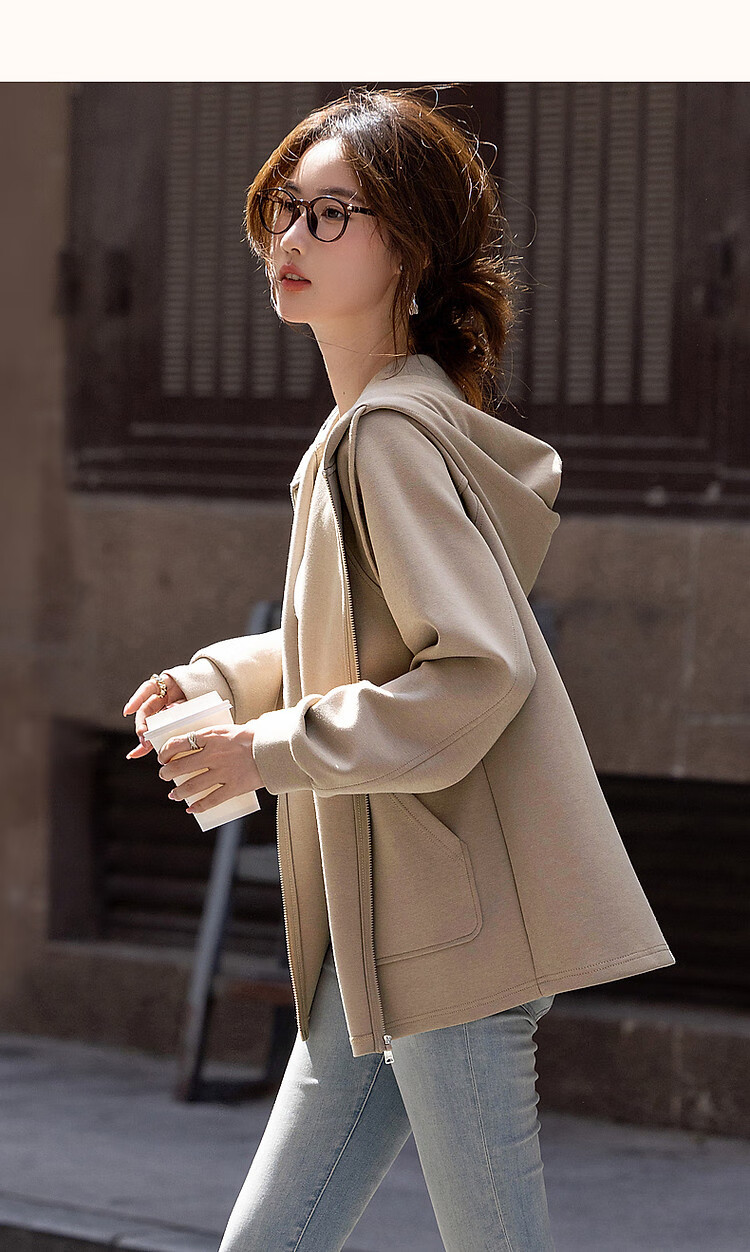 Dme [Stroll Outfit] Spring And Autumn Sporty Style 350G Air Layer Hooded Sweatshirt Jacket for Petite Women to Conceal Body Shape 17
