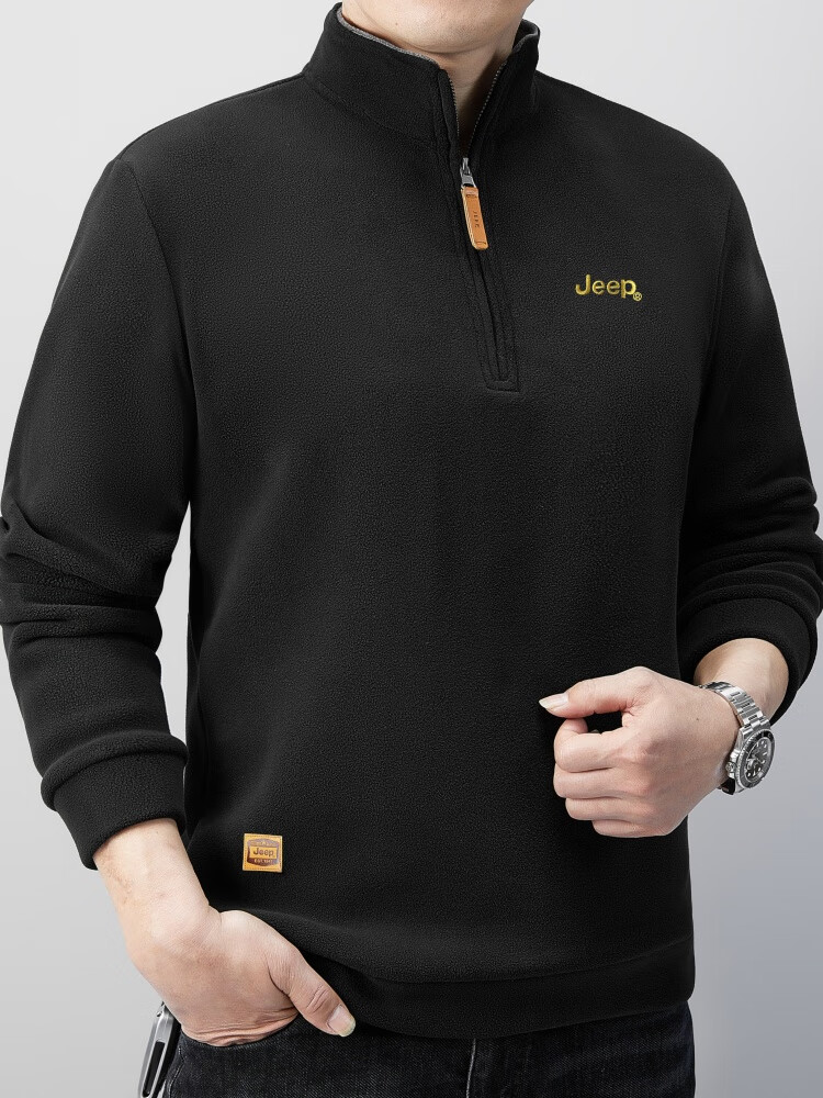 JEEP Fleece-Lined Sweatshirt for Men, Loose Long-Sleeve T-Shirt, Men's Trendy Clothing, Style 053, Black, 2XL 5