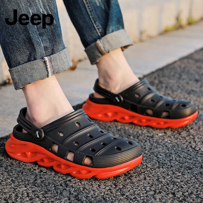 Jeep Men's Perforated Shoes, Fashionable Korean Style, Breathable Hollow Design, Simple And Non-Slip Beach Sandals, Outdoor Wear, Soft Sole Slippers, P210MTX058, Black, Size 40