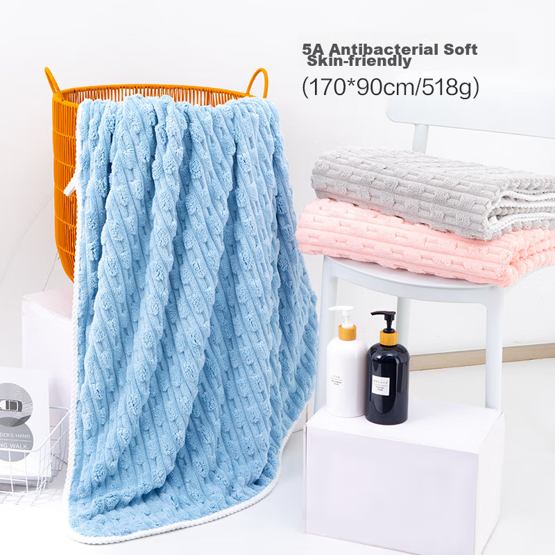 Grace Antibacterial Thickened Bath Towel, 430g, Simple Solid Color Coral Fleece, Thickened Bath Towel, 170x90cm, Sports