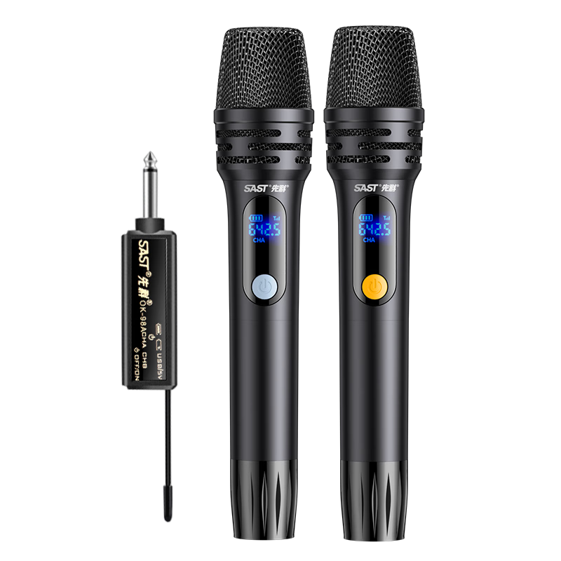 SAST OK-98 Rechargeable Wireless Microphone, UHF Band, for Home KTV Singing, Stage Hosting, Lecturing, Karaoke, Meetings, Speaker System, Amplifier, FM Universal Dual-Channel Metal Microphone