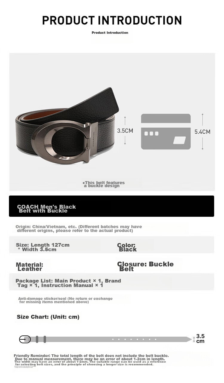 COACH [Brand Direct Supply], Men's Double-Sided Wide Buckle Belt, 35MM Black, CQ013, New Year Gift 1