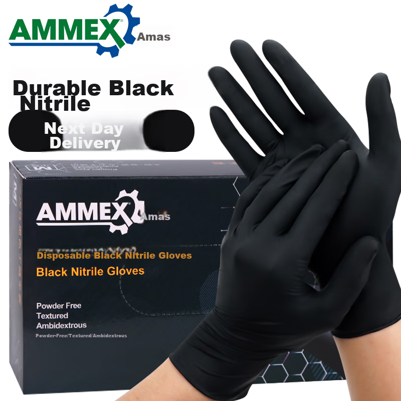 Одноразовые нитриловые перчатки AMMEX, 100 шт., размер L, утолщенные, прочные, для защиты лаборатории, черные перчатки для кухни