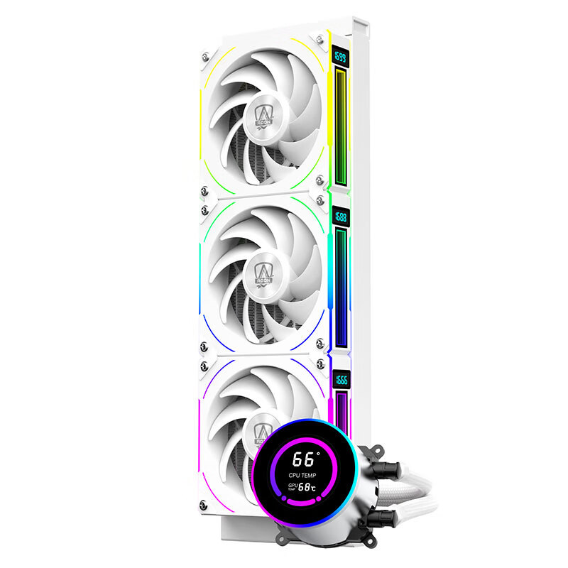 AOC AT360RW/93 White All-In CPU Liquid Cooler, Multi-Platform Mounting Brackets, RPM Display, Temperature Display, Dual Ball Bearings, Aluminum Cold Plate