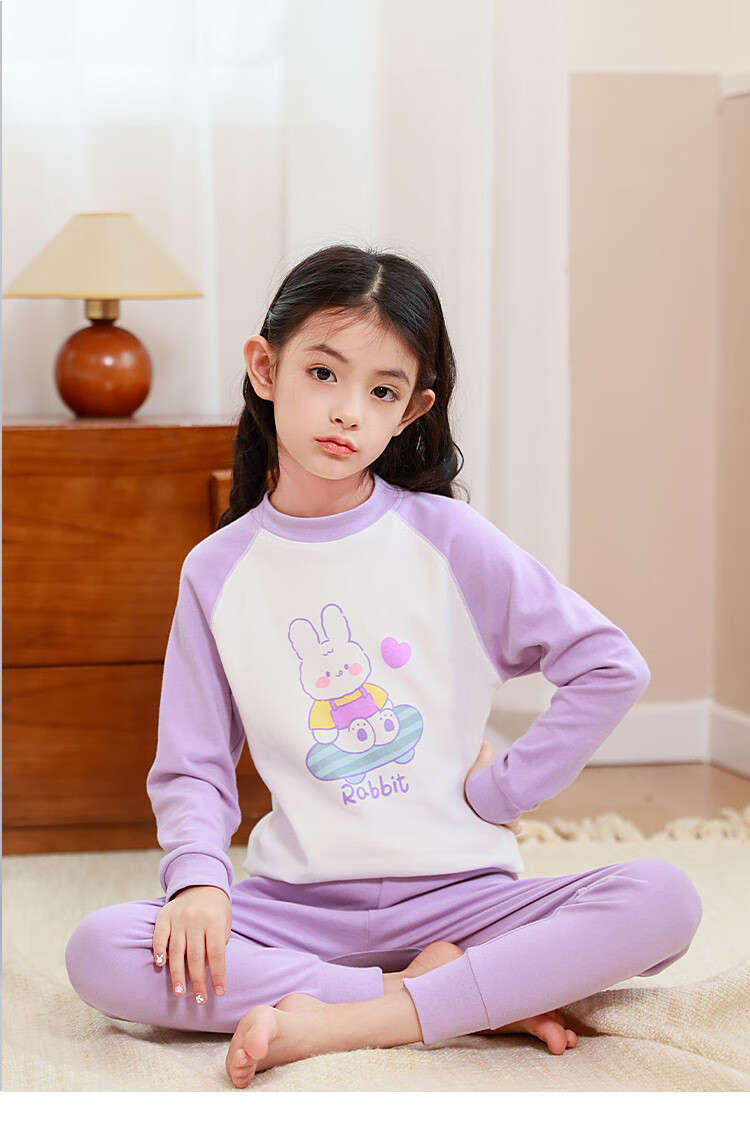 DEESHA 5A Antibacterial 100% Cotton Girls' Thermal Underwear, Student Mid to Big Kids Autumn Top And Pants, Light Pink Heart Rabbit, Size 120 7