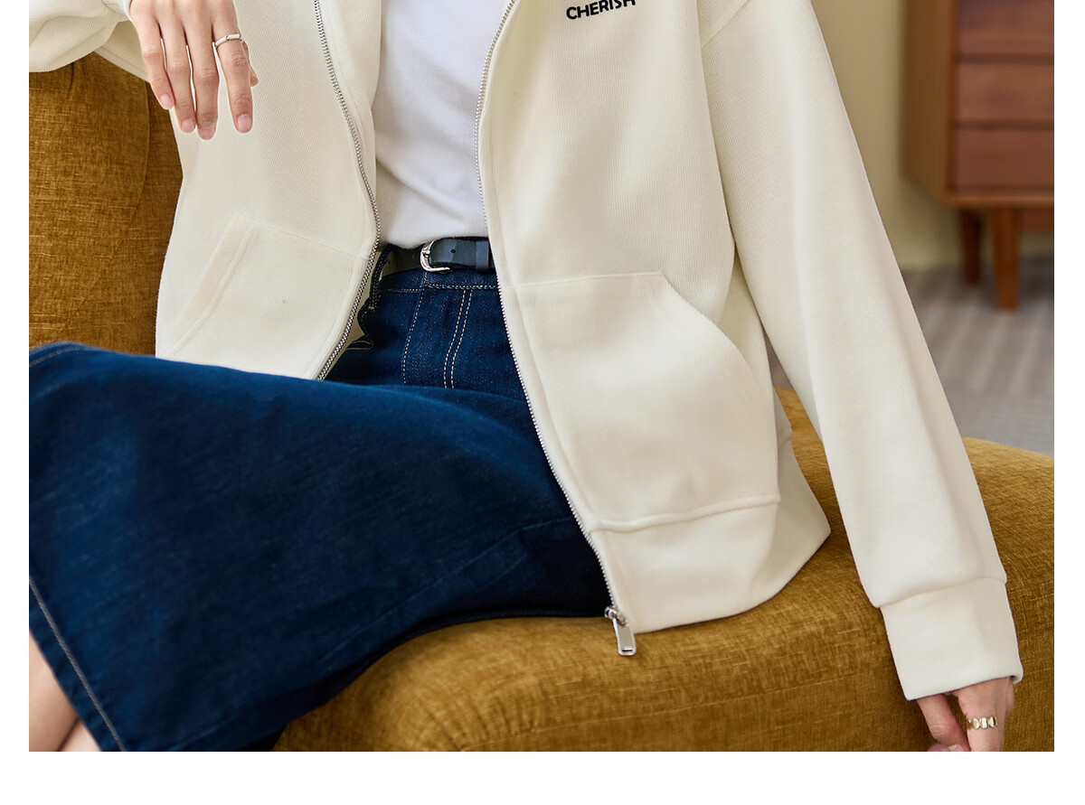 Chushen Spring and Autumn Casual Short Jacket Women Zipper Design Hooded Pocket Sweatshirt Loose Top S143U1003 13