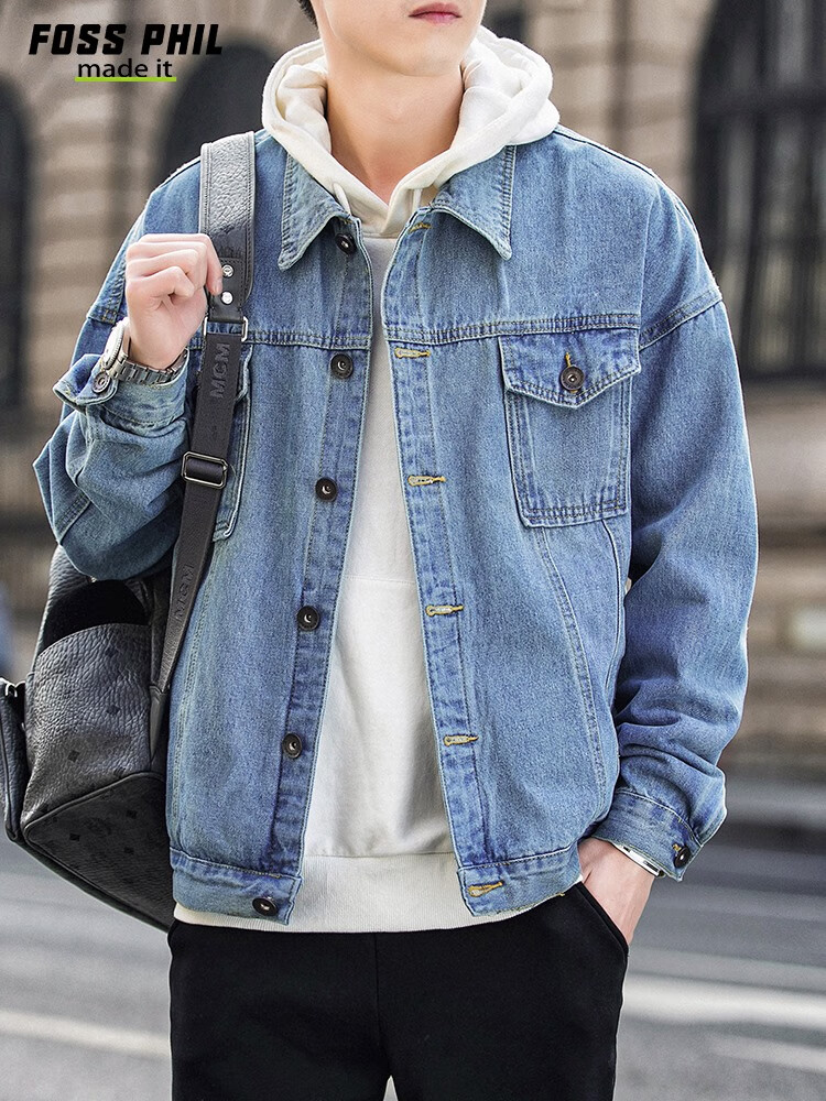 Foss Phil Men's Denim Jacket, Spring And Autumn Casual Retro Trendy Loose Fit Hong Kong Style Workwear Jacket Top FPJK4 Black XL 14