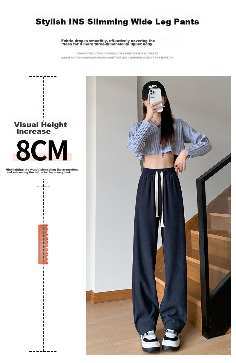 LangSha White Chenille Slim Wide-Leg Pants for Women, Spring And Autumn Thin Style, High-Waisted Draping Straight-Leg Corduroy Casual Sports Trousers 10