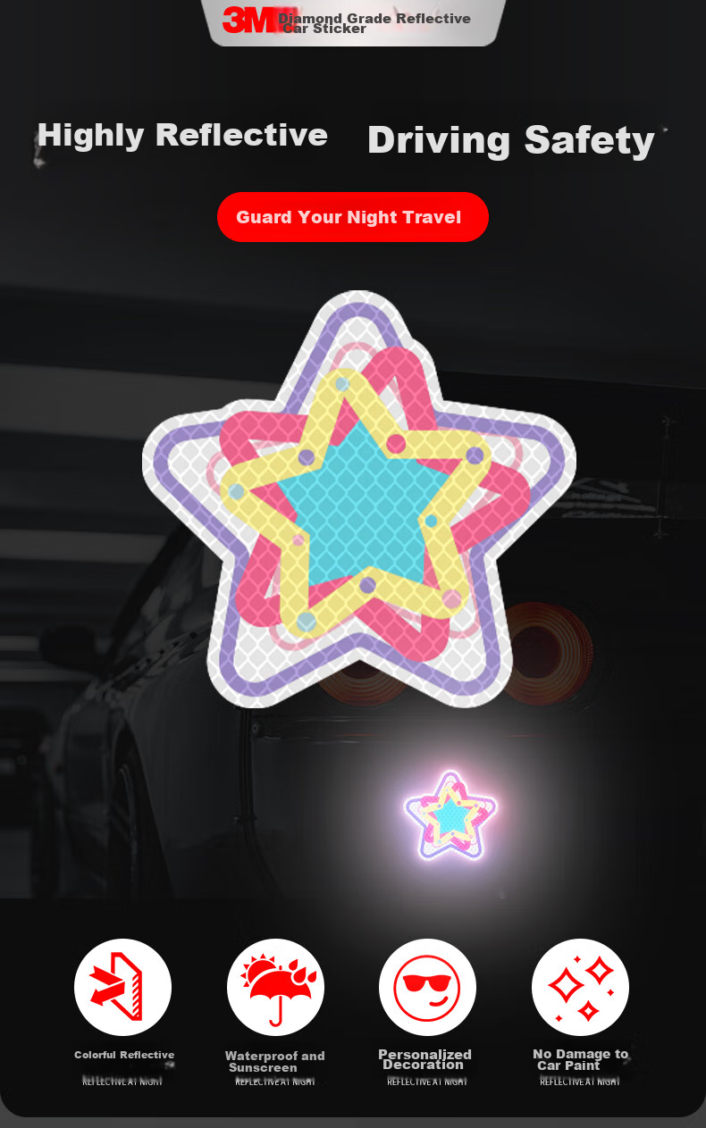 3M Reflective Warning Tape, Luminous Sticker, Electric Vehicle Motorcycle Car Scratch Cover, Diamond Grade, Pink Purple Dopamine Star - White 10.5CM*10.1CM (1 Piece Bag) 1
