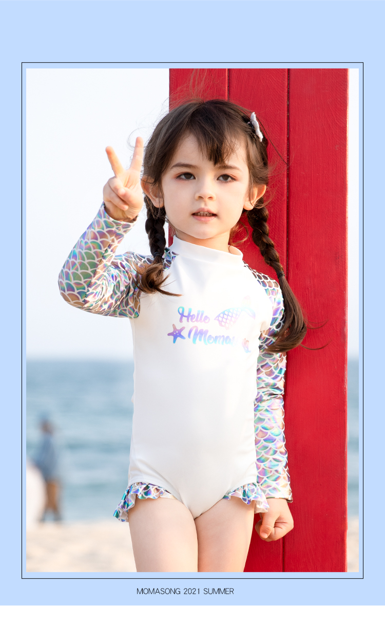 Momasong Children's Swimsuit One-Piece Long Sleeve Sun Protection Hot Spring Swimwear for Girls, Toddlers And Older Children Mermaid Swimwear 1