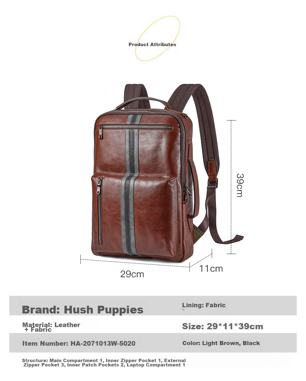 Hush Puppies Leather Backpack for Men, Large Capacity Multifunctional Laptop Bag, 15.6-Inch Travel Business Birthday Gift 7