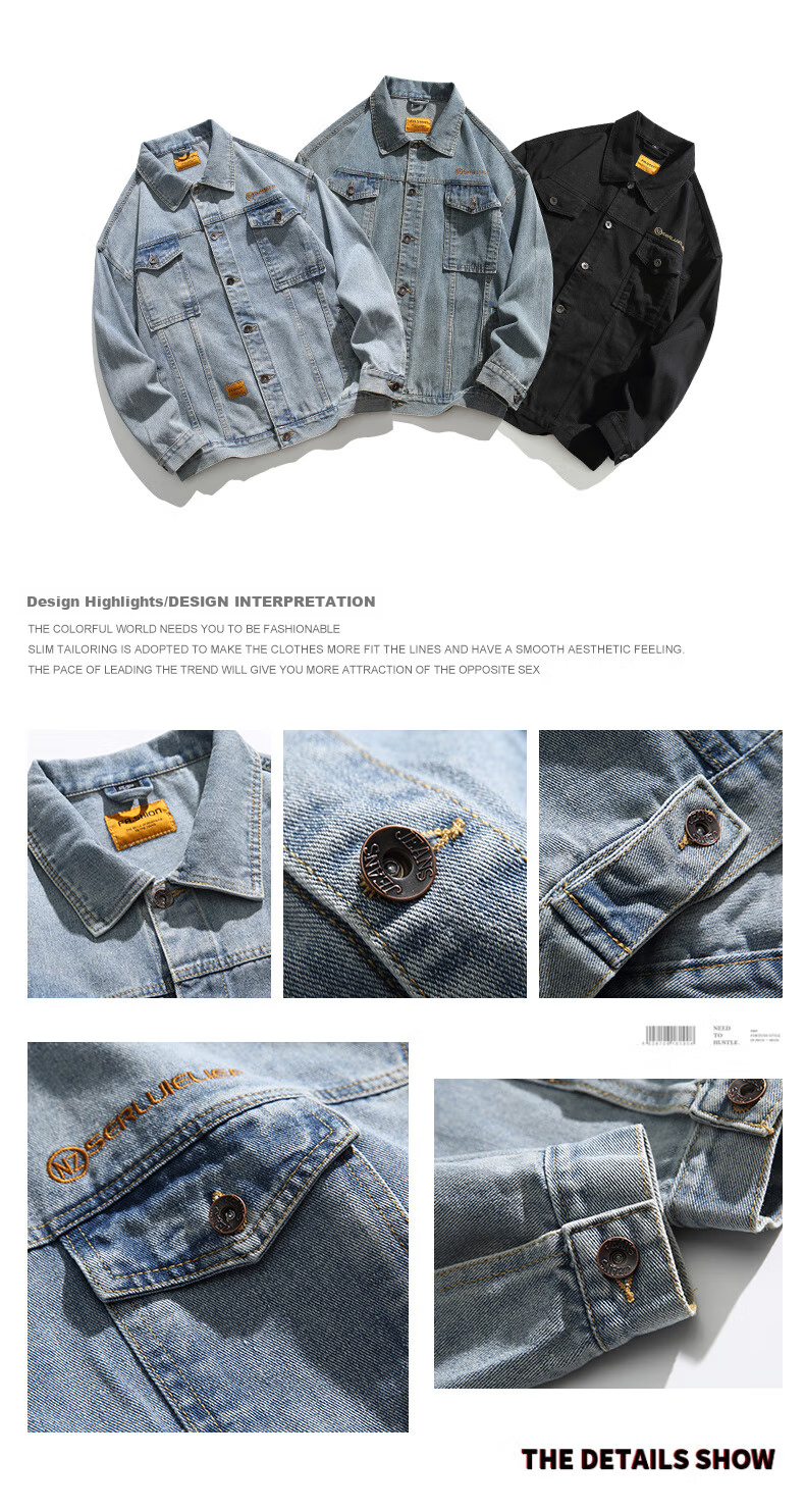 MMOPTOP Denim Jacket, Trendy Men's Spring And Autumn Style, Turn-Down Collar, Retro Workwear Jacket, Loose Casual Outerwear, JK826, Black, 2XL 2