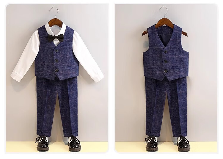 LUOBOBEIBEI Children's Suit Plaid Boys Formal Wear Set for Piano Performance, Host, And New Year Greetings, Navy Blue Five-Piece Set, Size 150 9
