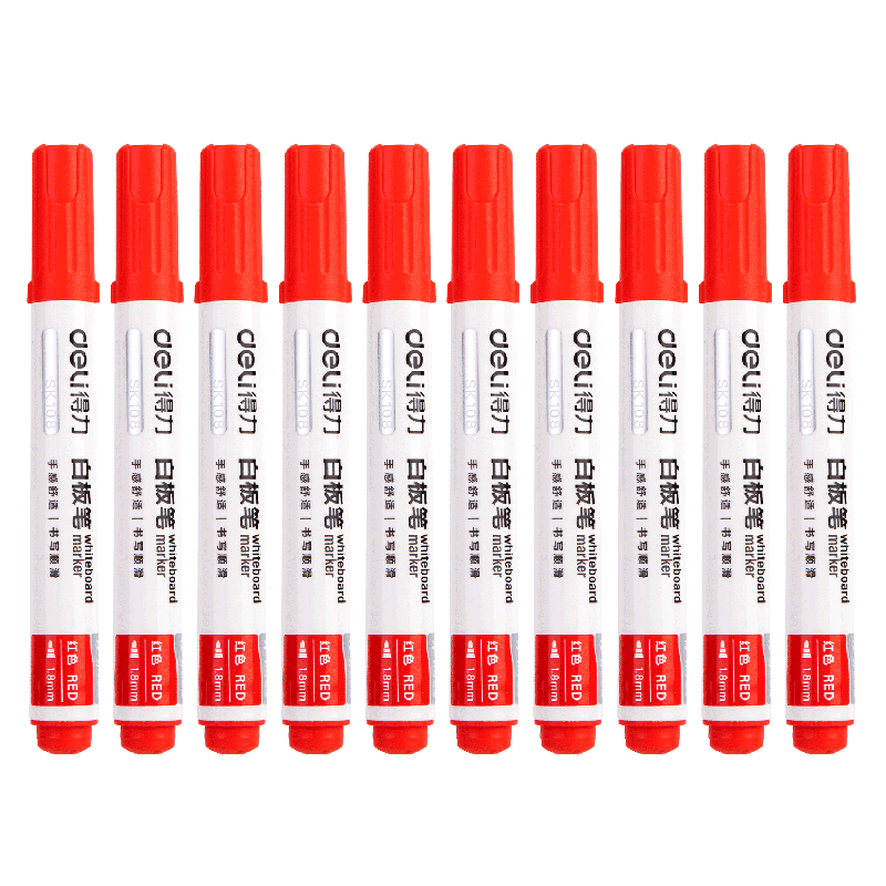 Deli Stationery Erasable Whiteboard Marker Set Single Tip Easy Erase Office Meeting Pen Red 10pcs SK108