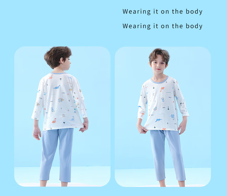 LangSha Children's Summer Pajamas, Thin Three-Quarter Sleeve Sleepwear, Air Conditioning Clothes for Boys And Girls, Home Wear Set for Older Childre 13