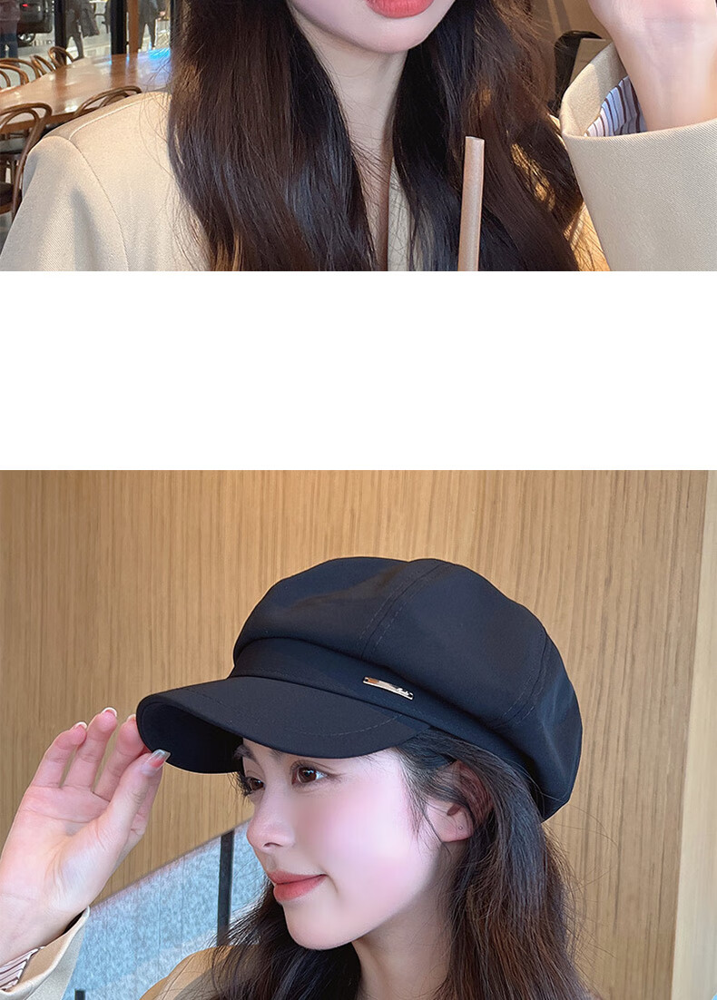 XUEXIMAN Women's Beret Hat Black Vintage Duckbill Octagonal Cap Large Head Circumference 8