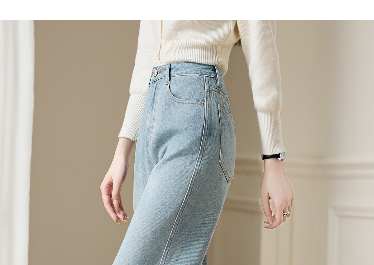 Chushen Spring And Autumn High-Waisted Jeans for Women with Single Button, Casual Versatile Retro Slimming Straight-Leg Pants Long Trousers S143N1003 15