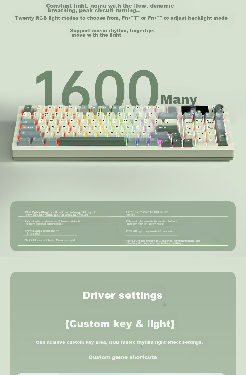 Langtu LT95 Mechanical Keyboard, Wired/wireless/Bluetooth Triple-Mode, 95-Key Gaming And Office Computer Keyboard with LCD Color Screen, RGB Lighting Effects, Green Micro Macaron Switches 18