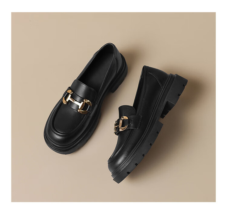 ZHR Women's Loafers, Soft-Soled Versatile Round-Toe Leather Shoes, British Style Chunky Heel Women's Shoes, OFTEP06, Black, Size 38 21