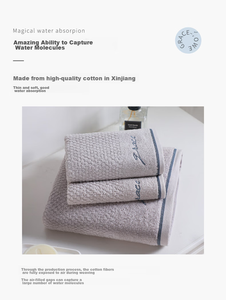 Grace Bath Towel Set for Home Use, Class A Pure Cotton, 1 Bath Towel + 2 Towels Combo Pack, Adult Men And Women Soft Absorbent All-Cotton, White 5