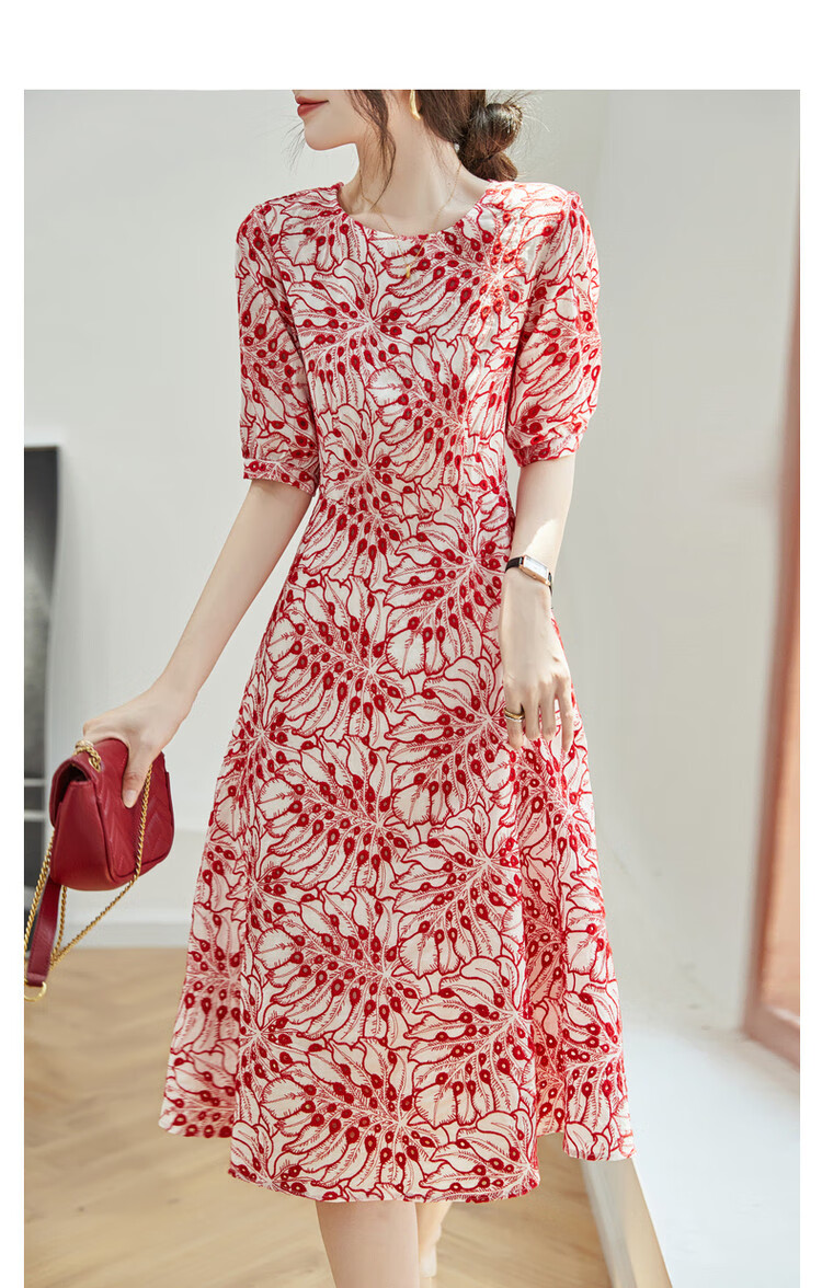 Dme [Monet Garden] Summer Elegant Breathable Pure Cotton Embroidered Waist-Cinching A-Line Flared Dress for Women, Mid-Length 12