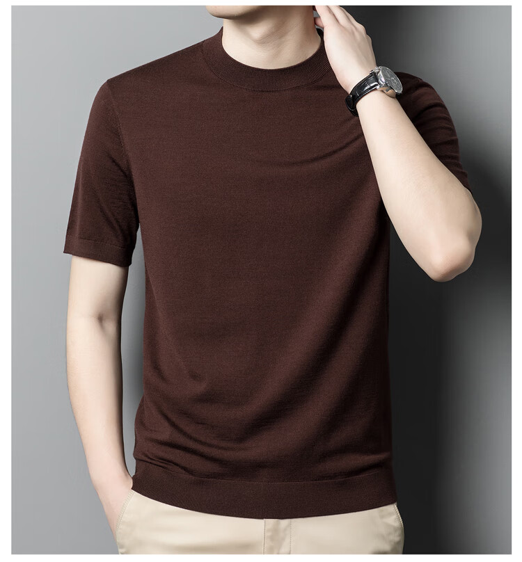 Hengyuanxiang Washable Fine-Spun Wool Sweater for Men, Thin Round Neck Short Sleeve Knitted T-Shirt Pullover, Bright Red, Size 165 15