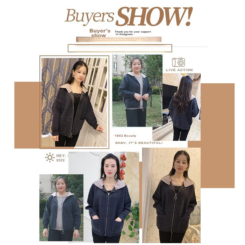 Hengyuanxiang Middle-Aged Women's Autumn Fashion Short Knitted Jacket, Elegant Hooded Cardigan for Middle-Aged And Elderly Women, Spring And Autumn Outerwear 1