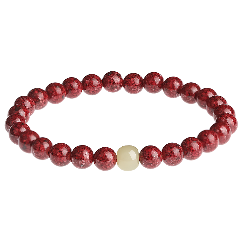 Doukou Shiguang Original Ore Translucent Crystal Cinnabar Bracelet, High-Content Zodiac Year Hetian Jade Fortune-Turning Bead Bracelet for Men And Women, 6mm