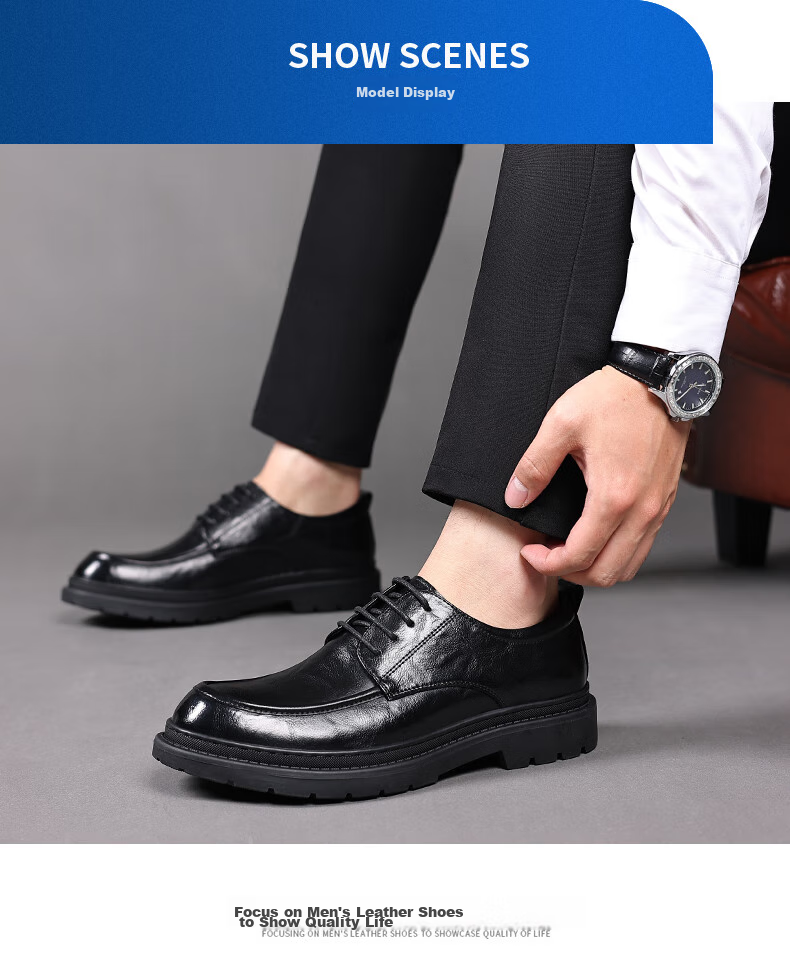 Zhengtai British Business Leather Shoes for Men, Breathable Hand-Grain Soft Leather Men's Shoes, Thick-Soled Casual Men's Leather Shoes JZ0017 Black Size 38 11