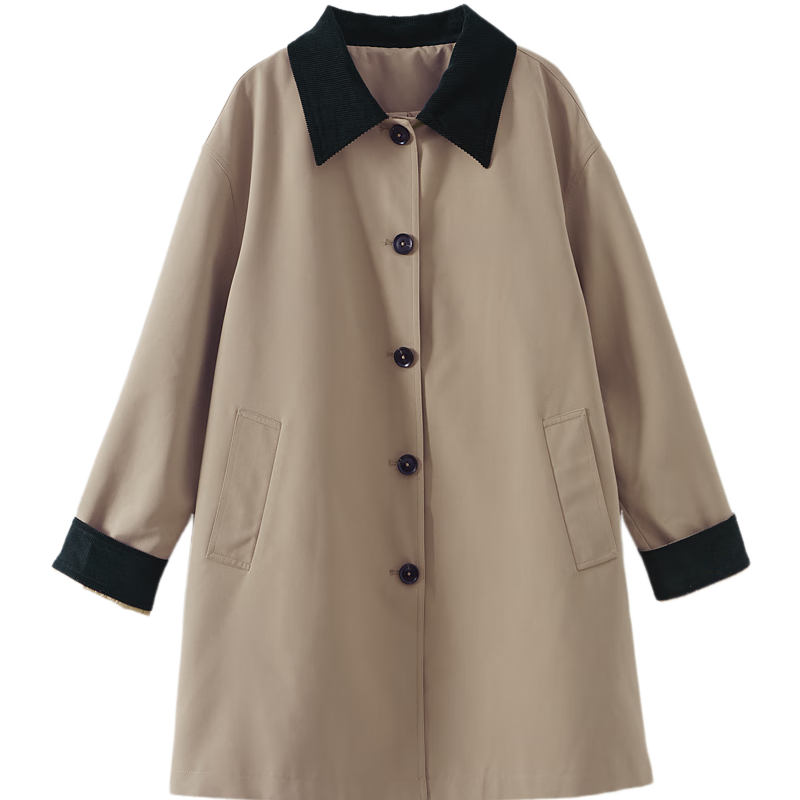 Dme [Gentle Core] Spring And Autumn Simple Contrasting Color Lapel High-Count High-Density A-Line Tuck Windbreaker Jacket for Women, Mid-Length Style