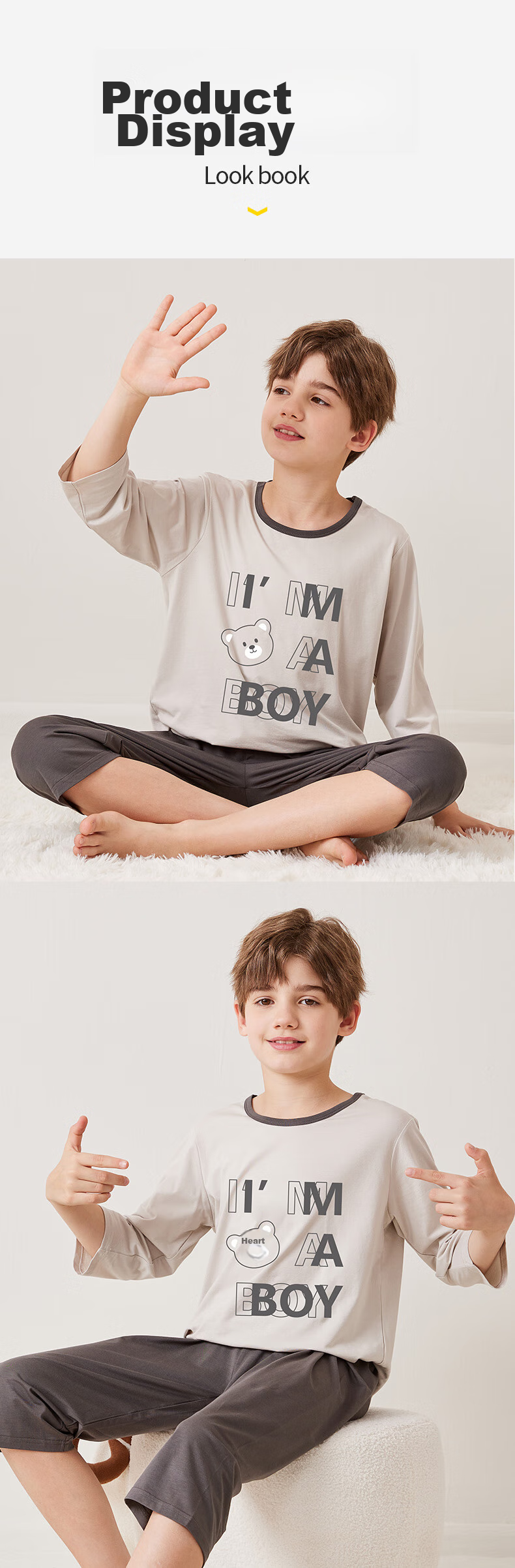 MiiOW Children's Thin Pajamas, Boys' Short-Sleeve Set, Summer Modal Sleepwear for Older Kids, Sky Blue, Size 160 8