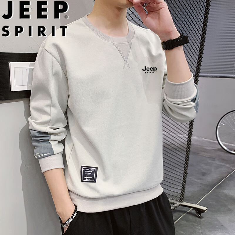 JEEP SPIRIT Men's Sweatshirt, Spring And Autumn Long-Sleeve T-Shirt, Casual Round Neck Pullover for Young And Middle-Aged Men, Gray, XL