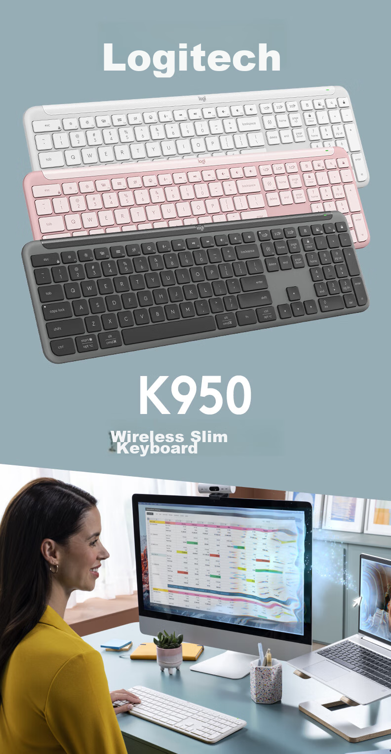 Logitech K950 Keyboard, Bluetooth Keyboard, Office Keyboard, Wireless Keyboard, Portable Ultra-Thin Keyboard, Premium Series, Three-Device Switching, White 1