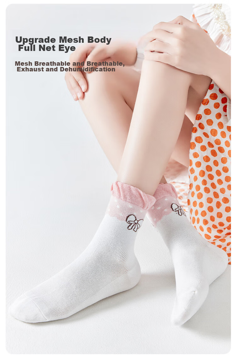 MiiOW Children's Socks, Summer Girls Breathable Cute Lace Mesh Socks, Big Kids Student Cartoon Mid-Calf Socks, 5 Pairs Pack 11